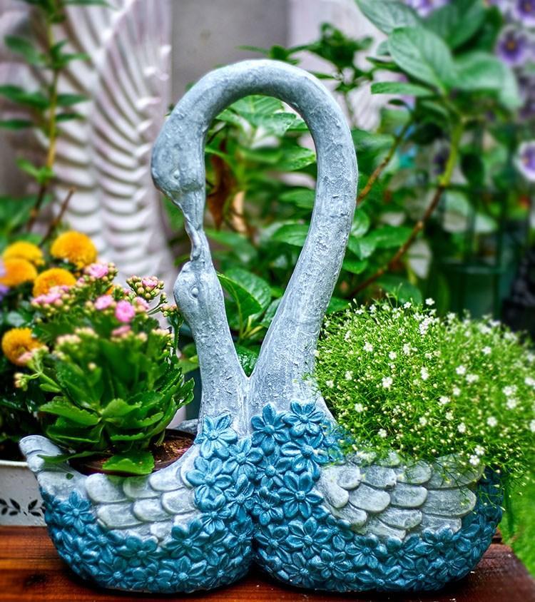 Large Mother and Baby Swans for Garden, Swan Flowerpot, Animal Statue for Garden Courtyard Ornament, Villa Outdoor Decor Gardening Ideas-Silvia Home Craft