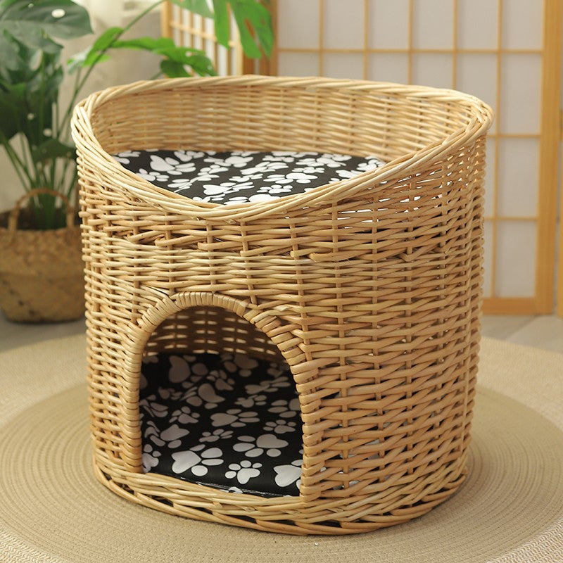 Washable Wicker Cat Bed, Wicker Cat House with Washable Cushion for Indoor Cats and Dogs-Silvia Home Craft
