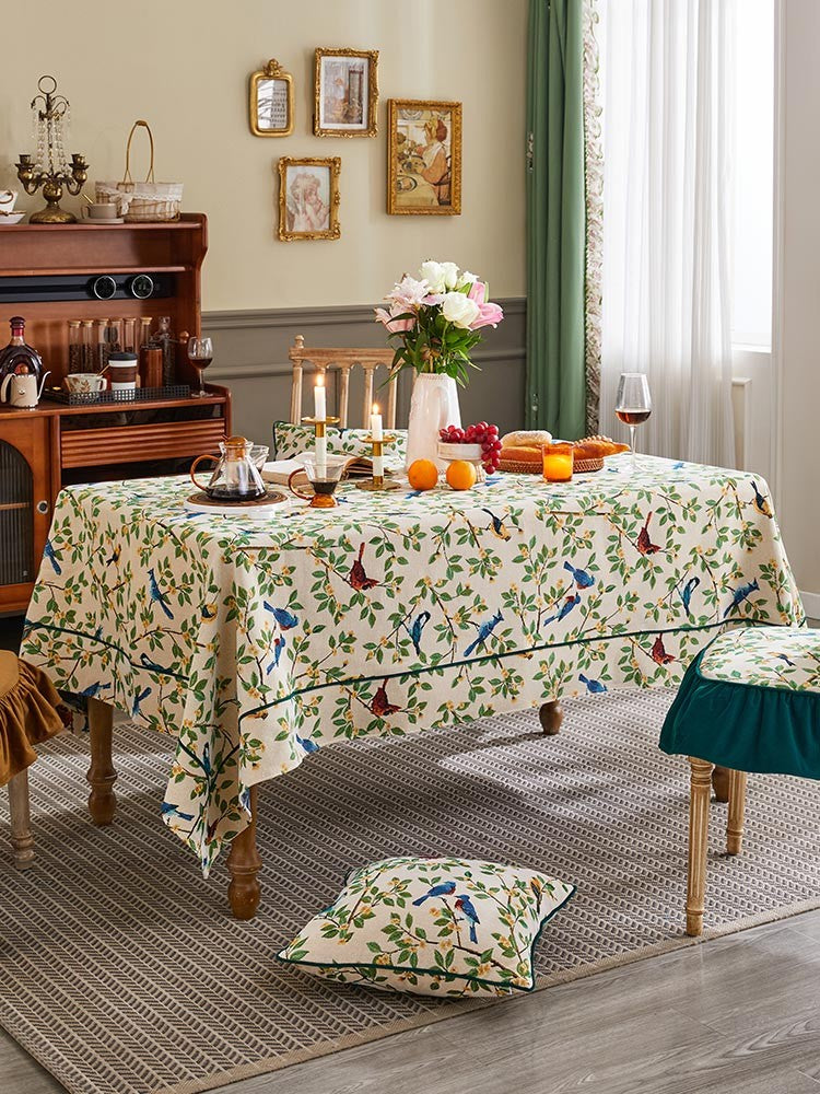 Bird Flower Pattern Farmhouse Table Cloth, Rustic Vintage Style Table Linen, Colorful Nature Print Dining Cover, Songbird Floral Kitchen Decor, Cotton Blend Rectangular Tablecloth, Country Style Home Accessory, Spring Garden Theme Table Mat, Fade Resistant Washable Fabric, Decorative Dining Room Cloth, Charming Rural Aesthetic Cover