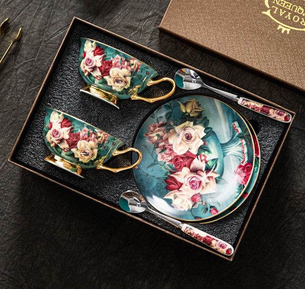Rose Royal Ceramic Cups, Elegant Flower Ceramic Coffee Cups, Afternoon Bone China Porcelain Tea Cup Set, Unique Tea Cups and Saucers in Gift Box-Silvia Home Craft