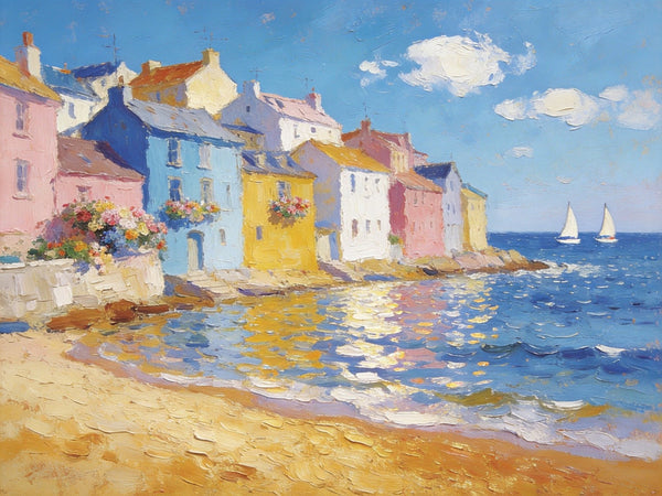 Landscape Canvas Paintings, Ocean Front Town Allure, Seashore Beach Paintings, Small Landscape Paintings on Canvas, Palette Knife Oil Paintings, Hand Painted Canvas Art, Original Oil Paintings-Silvia Home Craft