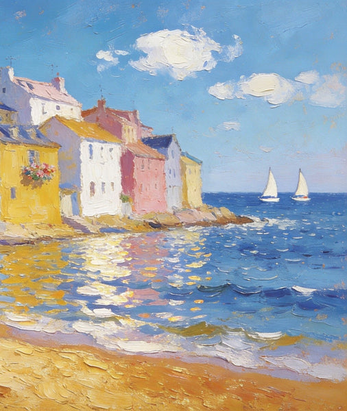 Landscape Canvas Paintings, Ocean Front Town Allure, Seashore Beach Paintings, Small Landscape Paintings on Canvas, Palette Knife Oil Paintings, Hand Painted Canvas Art, Original Oil Paintings-Silvia Home Craft