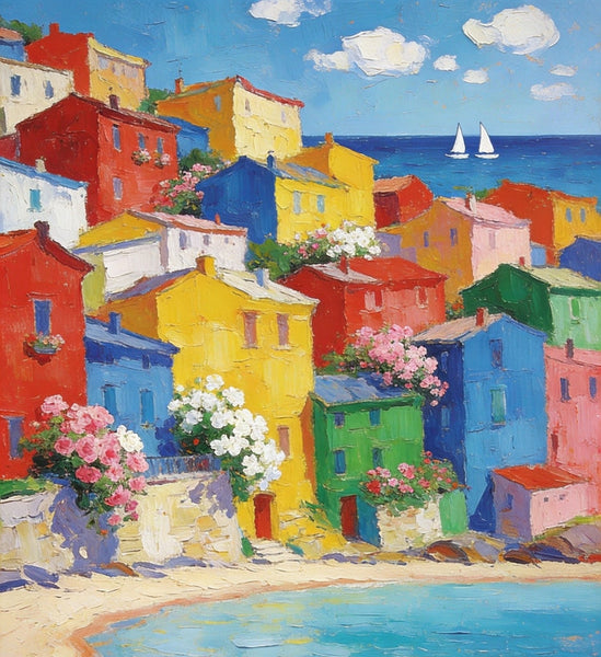 Heavy Texture Wall Art Paintings, Coastal Town Blissful Scene, Small Paintings On Canvas, Hand Painted Canvas Art, Original Landscape Art, Buy Original Paintings-Silvia Home Craft