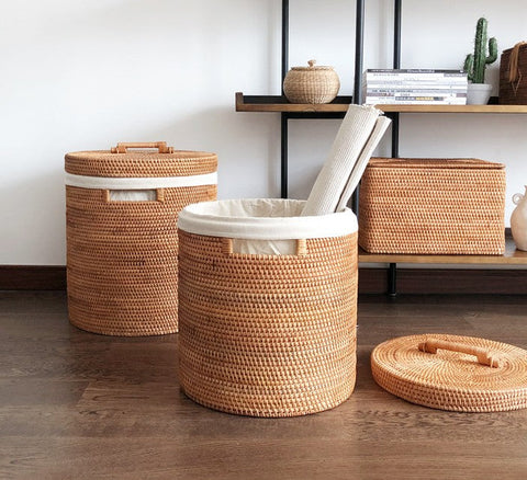 Large Laundry Storage Basket with Lid, Large Rattan Storage Basket for Bathroom, Woven Round Storage Basket for Clothes-Silvia Home Craft