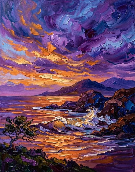 Small Canvas Artwork for Sale, Big Wave Painting, Purple Clouds Over the Sea, Buy Small Paintings Online, Hand Painted Canvas Art