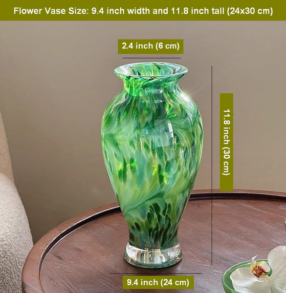 Large Green Glass Flower Vases, Modern Glass Flower Vases, Water Holding Flower Vases, Handmade Flower Vases on Table-Silvia Home Craft