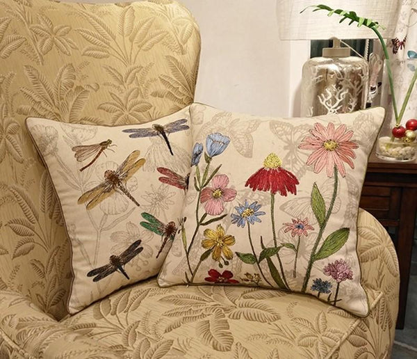 Dragonfly and Flower Cotton and linen Pillow Cover, Embroider Decorative Throw Pillow, Decorative Pillows for Car, Flower Decorative Pillows-Silvia Home Craft