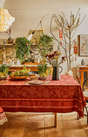 Long Rectangle Tablecloth for Dining Room Table, Christmas Table Cloth, Wedding Tablecloth, Red Flower Pattern Tablecloth for Home Decoration, Square Tablecloth-Silvia Home Craft