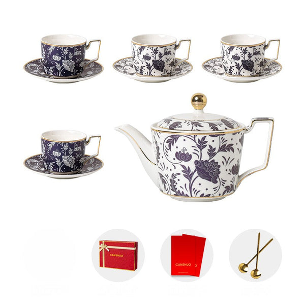 Porcelain Tea Cup and Saucer Set of 4 cups, 8 oz British Traditional Afternoon Tea Cup Set with Teapot, Ceramic Coffee Cup with Saucer in Gift Box-Silvia Home Craft