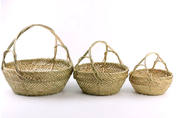 Large Picnic Food Basket with Handle, Natural Hand-woven Bamboo Basket, Lovely Bamboo Baskets for Vegetable, Natural Fruit Basket Kitchen Storage Baskets-Silvia Home Craft