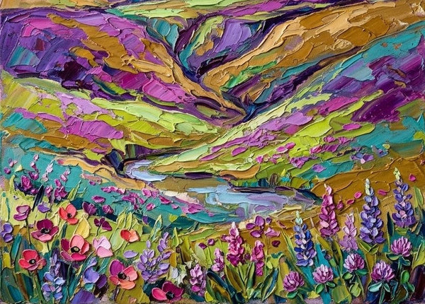 Wild Blooms in teh Purple Valley, Hand Painted Canvas Art, Heavy Texture Paintings, Original Landscape Paintings, Miniature Canvas Art