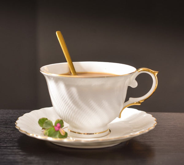 White Porcelain Tea Cup Saucer Set, 8 oz British Tea Cup and Saucer in Gift Box, Unique British Ceramic Coffee Cups for Traditional Afternoon Tea-Silvia Home Craft