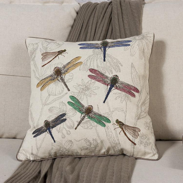 Dragonfly and Flower Cotton and linen Pillow Cover, Embroider Decorative Throw Pillow, Decorative Pillows for Car, Flower Decorative Pillows-Silvia Home Craft