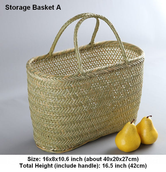 Lovely Bamboo Baskets for Vegetable, Natural Fruit Basket Kitchen Storage Baskets, Picnic Food Basket with Handle, Large Natural Hand-woven Bamboo Basket-Silvia Home Craft