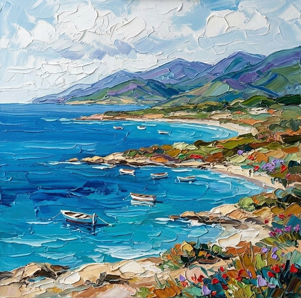 Original Oil Painting for Sale, Sunny Day on Azure Coast, Hand Painted Canvas Art, Heavy Texture Paintings