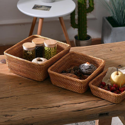 Rectangular Storage Baskets for Pantry, Small Rattan Kitchen Storage Basket, Storage Baskets for Shelves, Woven Storage Baksets-Silvia Home Craft