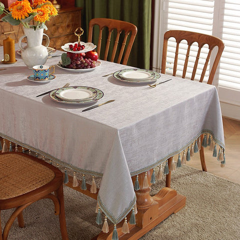 Gray Fringes Tablecloth for Home Decoration, Modern Rectangle Tablecloth, Large Simple Table Cloth for Dining Room Table, Square Tablecloth for Round Table-Silvia Home Craft