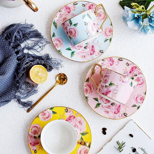 Blue Coffee Cups with Gold Trim and Gift Box, British Tea Cups, Porcelain Coffee Cups, Rose Flower Tea Cups and Saucers, Latte Coffee Cups-Silvia Home Craft