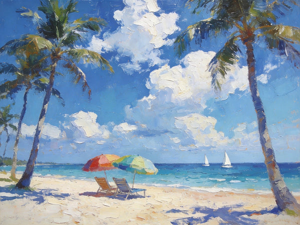 Florida Beach Scenery, Summer Resort Paintings, Hand Painted Canvas Art, Original Landscape Paintings, Heavy Texture Artwork, Small Oil Paintings, Buy Painting Online-Silvia Home Craft