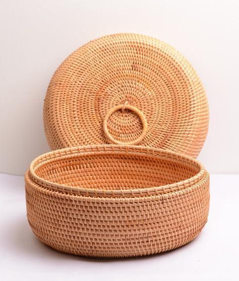 Rattan Basket, Storage Basket with Lid, Woven Basket for Kitchen, Storage Basket for Dining Room, Round Storage Basket-Silvia Home Craft