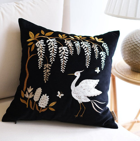 Decorative Pillow Arrangement Ideas for Bed, Embroidered Egret Cushion, Vintage Decorative Pillows, Luxury Decorative Pillows for Couch, Modern Throw Pillows for Couch-Silvia Home Craft