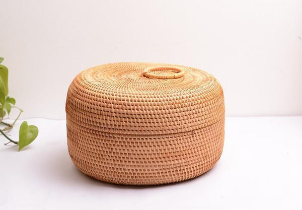 Rattan Basket, Storage Basket with Lid, Woven Basket for Kitchen, Storage Basket for Dining Room, Round Storage Basket-Silvia Home Craft