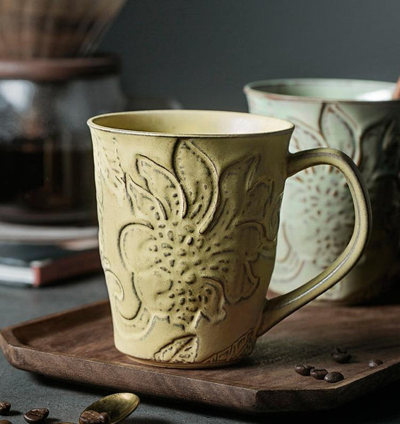 Green Ceramic Coffee Mug, Birthday Gifts, Stoneware Coffee Mugs, Handmade Pottery Coffee Mug, Large Capacity Coffee Cups-Silvia Home Craft