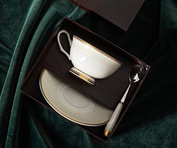 Elegant British Ceramic Coffee Cups, 7.8 oz Porcelain Coffee Cup Set, White Ceramic Cups, Unique Tea Cup and Saucer in Gift Box-Silvia Home Craft