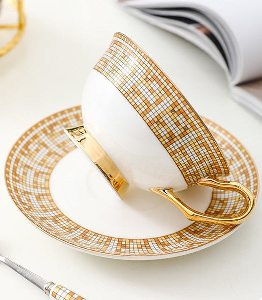 Bone China Porcelain Tea Cup Set for Office, Yellow Ceramic Cups, Elegant British Ceramic Coffee Cups, Unique Tea Cup and Saucer in Gift Box-Silvia Home Craft