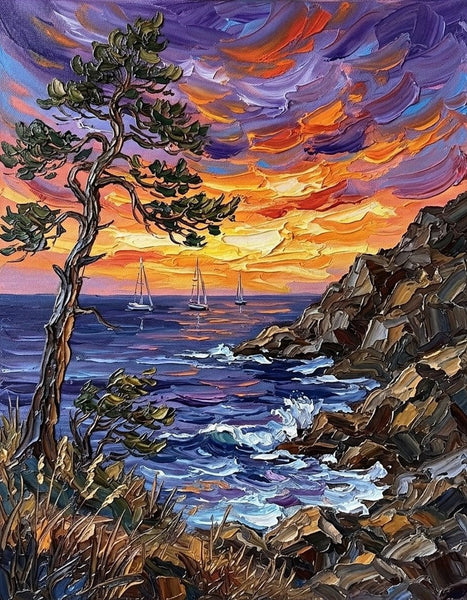 Impasto Sunset at the Coastal Cove, Original Landscape Paintings, Canvas Paintings for Dining Room, Small Canvas Paintings, Hand Painted Canvas Art, Heavy Texture Artwork
