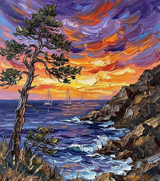 Impasto Sunset at the Coastal Cove, Original Landscape Paintings, Canvas Paintings for Dining Room, Small Canvas Paintings, Hand Painted Canvas Art, Heavy Texture Artwork