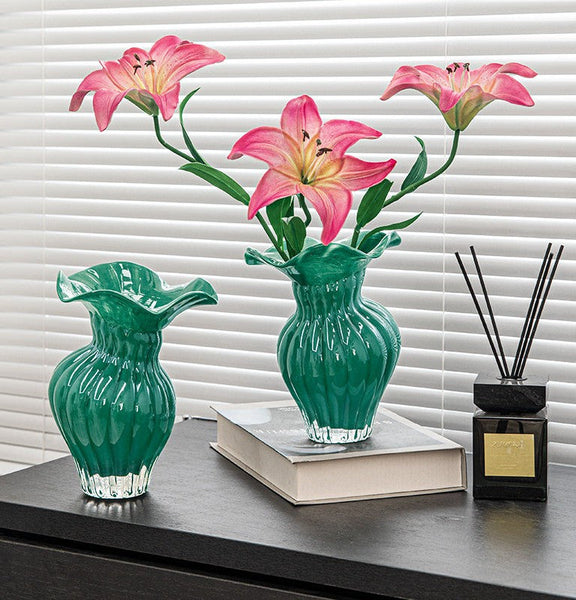 Contemporary Vases for Modern Home Decor, Unique Handmade Liuli Vases, Color Glaze Vase, Green Glass Bud Vases, Centerpiece Vases on Table-Silvia Home Craft