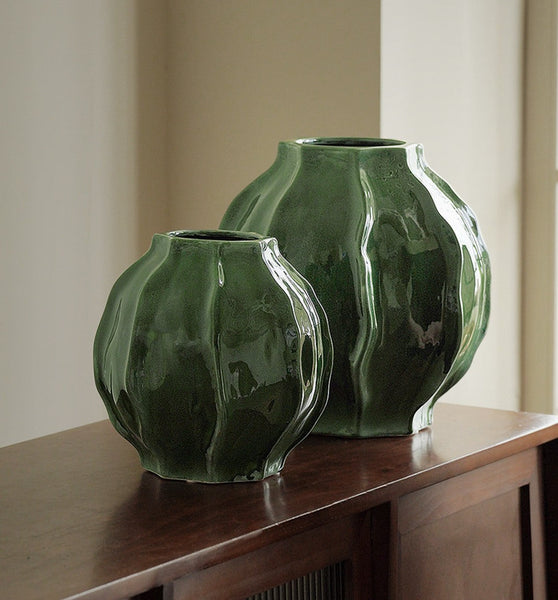 Handmade Modern Flower Vase, Centerpiece Ceramic Bouquet Vases, Large Contemporary Vases on Dining Table, Green Porcelain Vases for Modern Home Decor-Silvia Home Craft