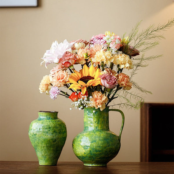 Centerpiece on Dining Table, Modern Pottery Flower Vases, Handmade Water Holding Flower Vases, Pottery Bud Vases, Large Green Flower Vases on Table-Silvia Home Craft