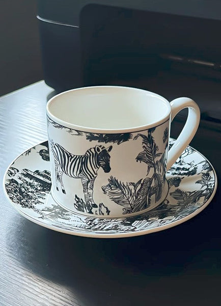 Royal Ceramic Cups, Elegant Ceramic Coffee Cups, 6.8 oz Tea Cup and Saucer in Gift Box, Zebra Jungle Porcelain Tea Cup Saucer Set-Silvia Home Craft