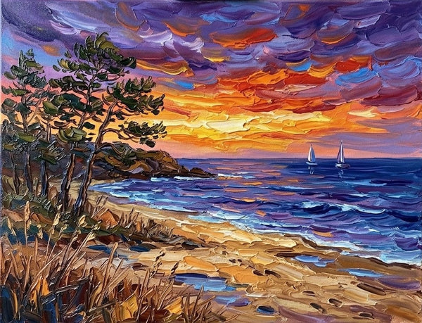 Original Landscape Paintings, Sunset Sails on the Coast, Original Oil Paintings, Buy Small Paintings Online, Hand Painted Canvas Art, Small Canvas Artwork for Sale