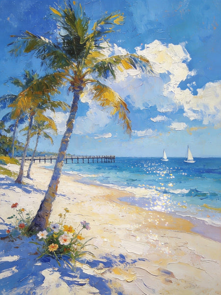 Small Oil Paintings, Sandy Beach Serenity, Palm Tree Beach Paintings, Canvas Paintings for Bedroom, Heavy Texture Artwork, Hand Painted Canvas Art, Original Landscape Paintings-Silvia Home Craft