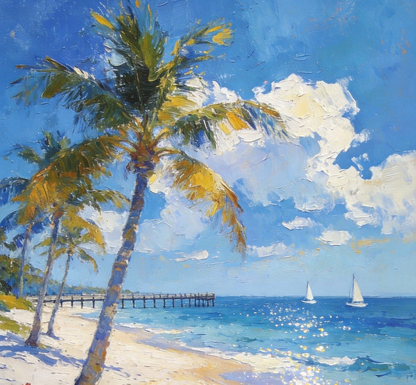 Small Oil Paintings, Sandy Beach Serenity, Palm Tree Beach Paintings, Canvas Paintings for Bedroom, Heavy Texture Artwork, Hand Painted Canvas Art, Original Landscape Paintings-Silvia Home Craft