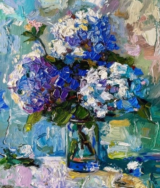 Still Life Painting, Blue Hydrangeas in Full Bloom, Hand Painted Canvas Art, Small Canvas Artwork, Original Flower Paintings, Impasto Heavy Texutre Art