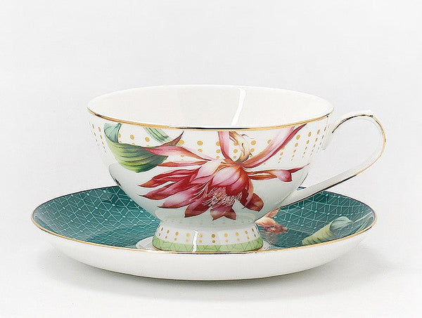 Lotus Flower Porcelain Tea Cup Saucer Set, Elegant Ceramic Coffee Cups, Beautiful British Tea Cups, Traditional English Tea Cup and Saucer-Silvia Home Craft