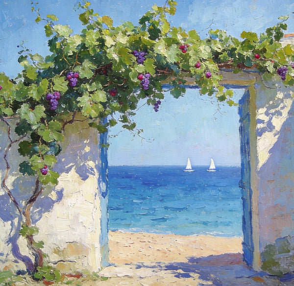 Hand Painted Canvas Art, Original Small Paintings, Seaside Cottage Under the Grape Canopy, Small Canvas Wall Art Paintings, Original Oil Paintings