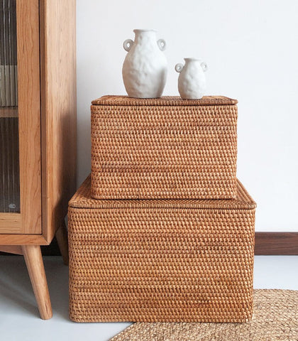 Extra Large Woven Rattan Storage Basket for Bedroom, Rattan Storage Baskets, Rectangular Woven Basket with Lid, Storage Baskets for Shelves-Silvia Home Craft