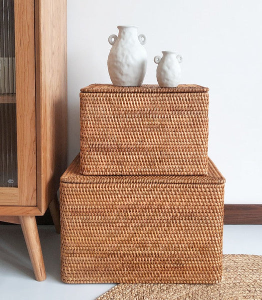 Woven Storage Baskets, Rectangular Storage Basket with Lid, Large Storage Basket for Clothes, Storage Baskets for Shelves, Kitchen Storage Baskets-Silvia Home Craft