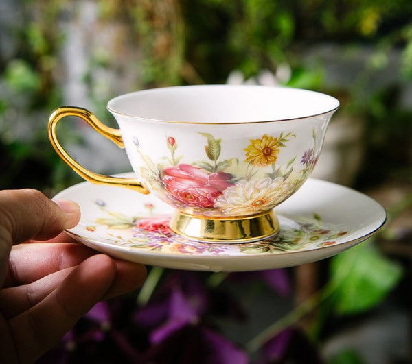 Elegant Rose Flower Ceramic Cups, Unique Royal Coffee Cup and Saucer, Creative Porcelain Tea Cup Saucer Set, Beautiful British Tea Cups-Silvia Home Craft