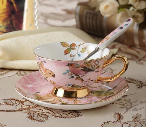 Elegant Ceramic Coffee Cups, Beautiful British Tea Cups, Bird Bone China Porcelain Tea Cup Set, Tea Cups and Saucers in Gift Box as Birthday Gift-Silvia Home Craft