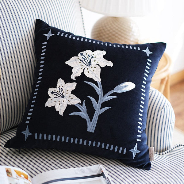 Dark Blue Lily Embroidered Cushion, Living Room Decorative Pillows, Decorative Pillow Arrangement Ideas for Couch, Large Decorative Pillows for Couch, Modern Throw Pillows for Bedroom-Silvia Home Craft