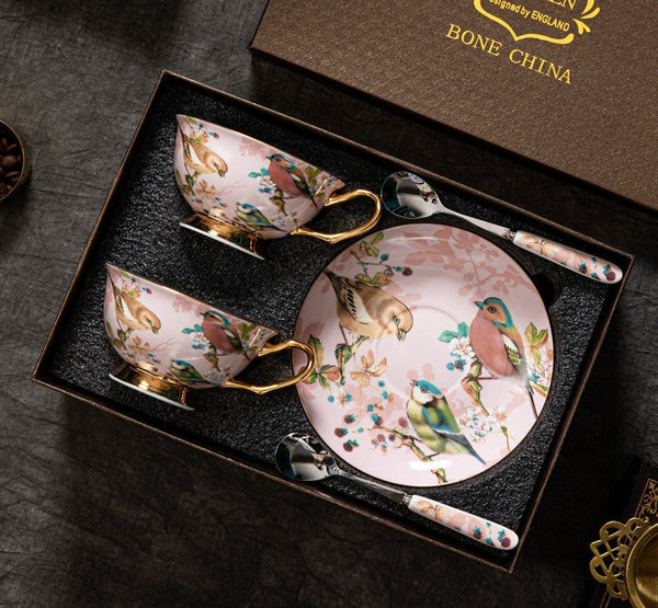 Unique Tea Cup and Saucer in Gift Box, Lovely Birds Ceramic Cups, 8 oz Ceramic Coffee Cups, Afternoon Porcelain Tea Cup Set-Silvia Home Craft