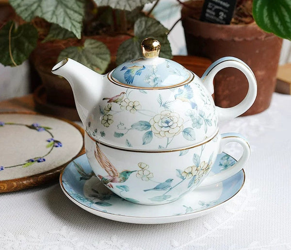 Stackable Teapot and Cup Set, Ceramic Tea Pot with Integrated Cup, Porcelain Teapot with Matching Cup and Saucer in Gift Box, Mother-and-Baby Teapot with Matching Saucer-Silvia Home Craft