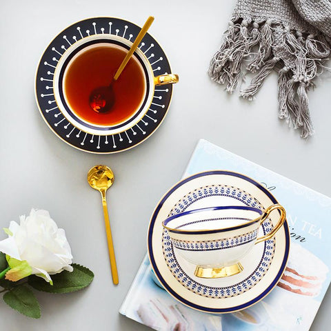 British Tea Cups, Porcelain Coffee Cups, Latte Coffee Cups, Tea Cups and Saucers, Coffee Cups with Gold Trim and Gift Box-Silvia Home Craft