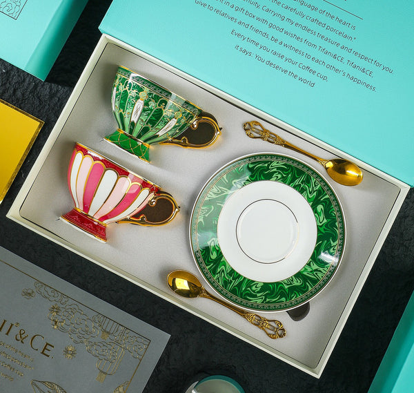 Beautiful British Tea Cup with Saucer, 8 oz Creative Porcelain Tea Cup and Saucer Set of 2 Cups, Elegant Ceramic Coffee Cups, Unique Tea Cup and Saucer in Gift Box as Birthday Gift-Silvia Home Craft